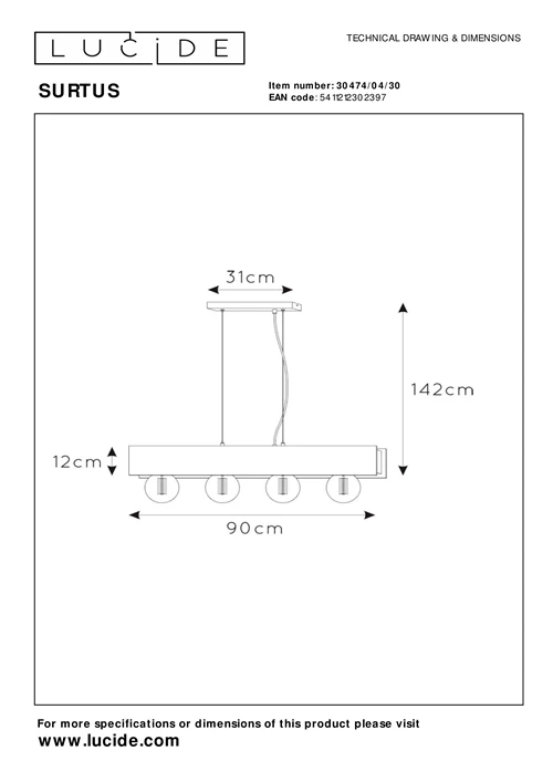 Lucide SURTUS - Hanglamp - 4xE27 - Zwart - technisch
